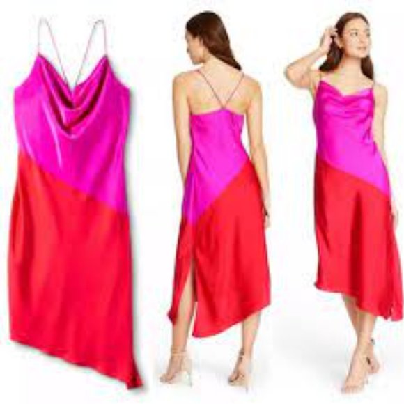 Cushnie Dresses & Skirts - Cushnie Womens Pink Red Colorblock Sleeveless Midi Satin Slip Dress Size 2